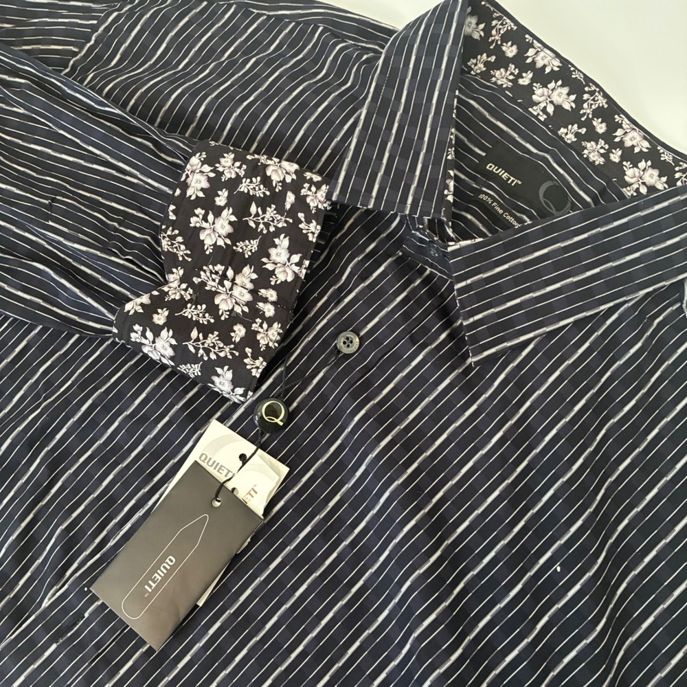 Quieti Mens XXL Navy White Striped Cotton Button Down Shirt Floral Cuffs NWT